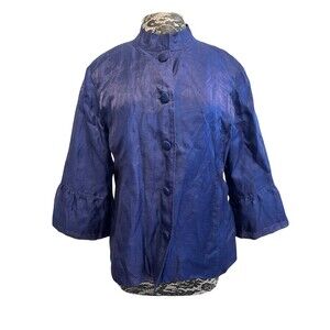 Chico's Shirt Shacket Blue Linen Blend Button Up Bell Cuff Office Wear Chic 2‎ M